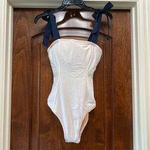J. Crew Women’s  White One Piece Swimsuit With Navy Grosgrain Ties Sz 8 new